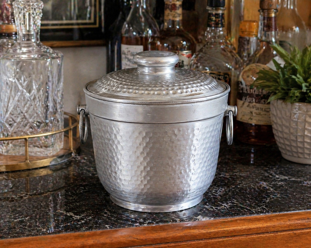 Vintage Hammered Aluminum Ice Bucket and Tongs Mid Century Barware Made in Italy